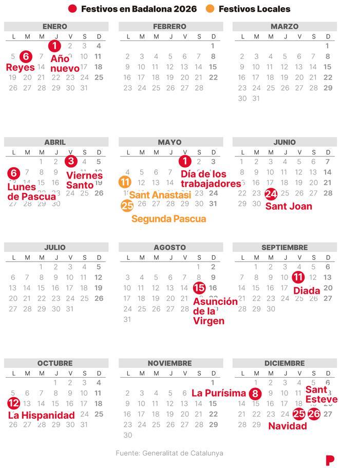 Calendario laboral de Badalona del 2026 (con todos los festivos)