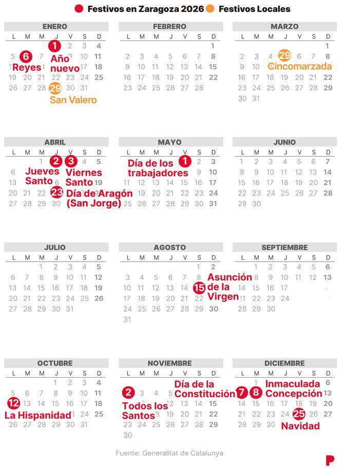 Calendario laboral de Zaragoza del 2026 (con todos los festivos)
