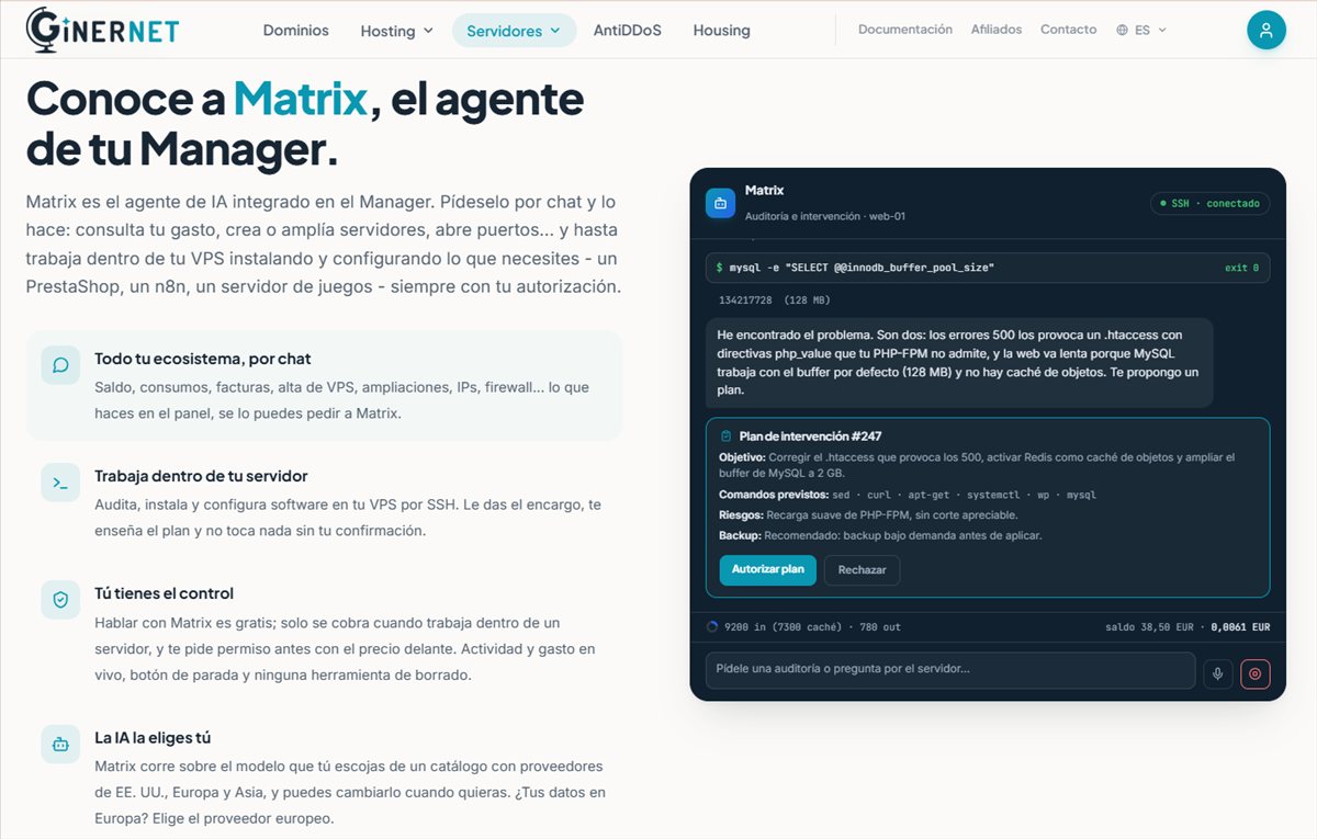La IA ya administra servidores: GINERNET lanza los VPS «agénticos» y cambia las reglas del hosting